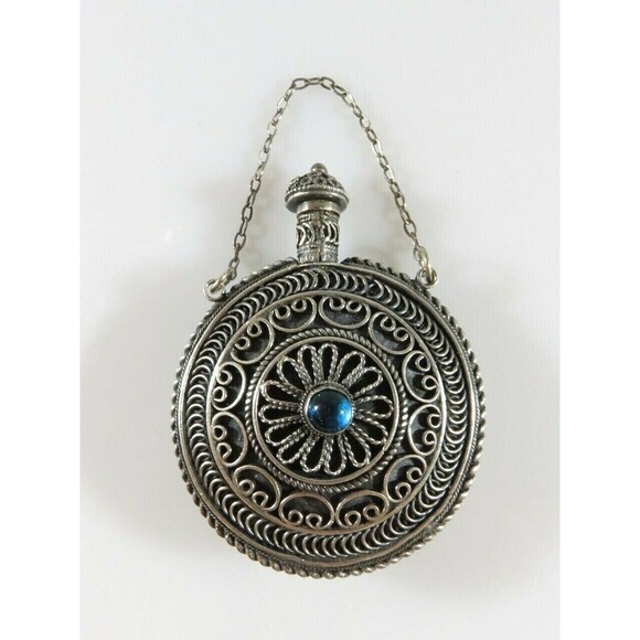 Palestine Sterling Round Perfume Scent Flask Fancy Chatelaine Perfume Bottle - Picture 2 of 12